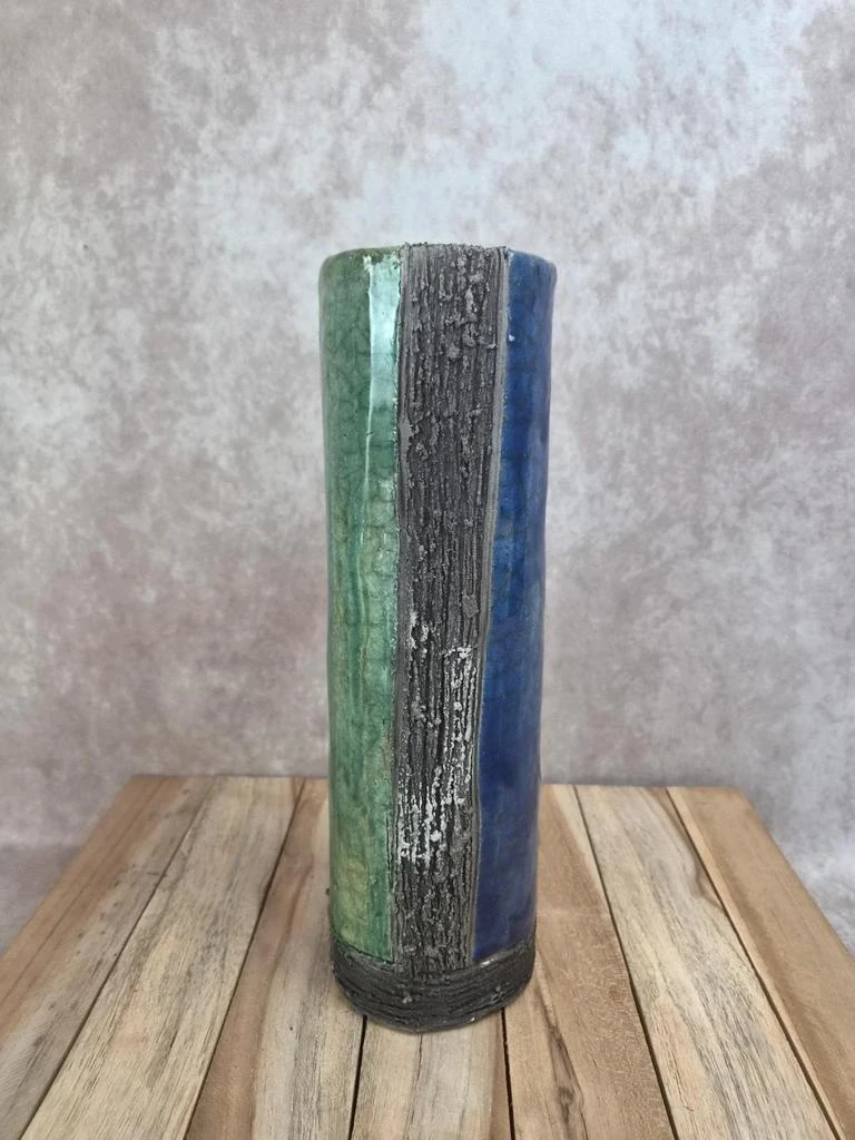 Grande vaso de estúdio estilo raku azul e verde assinado – 30 cm – photo 4